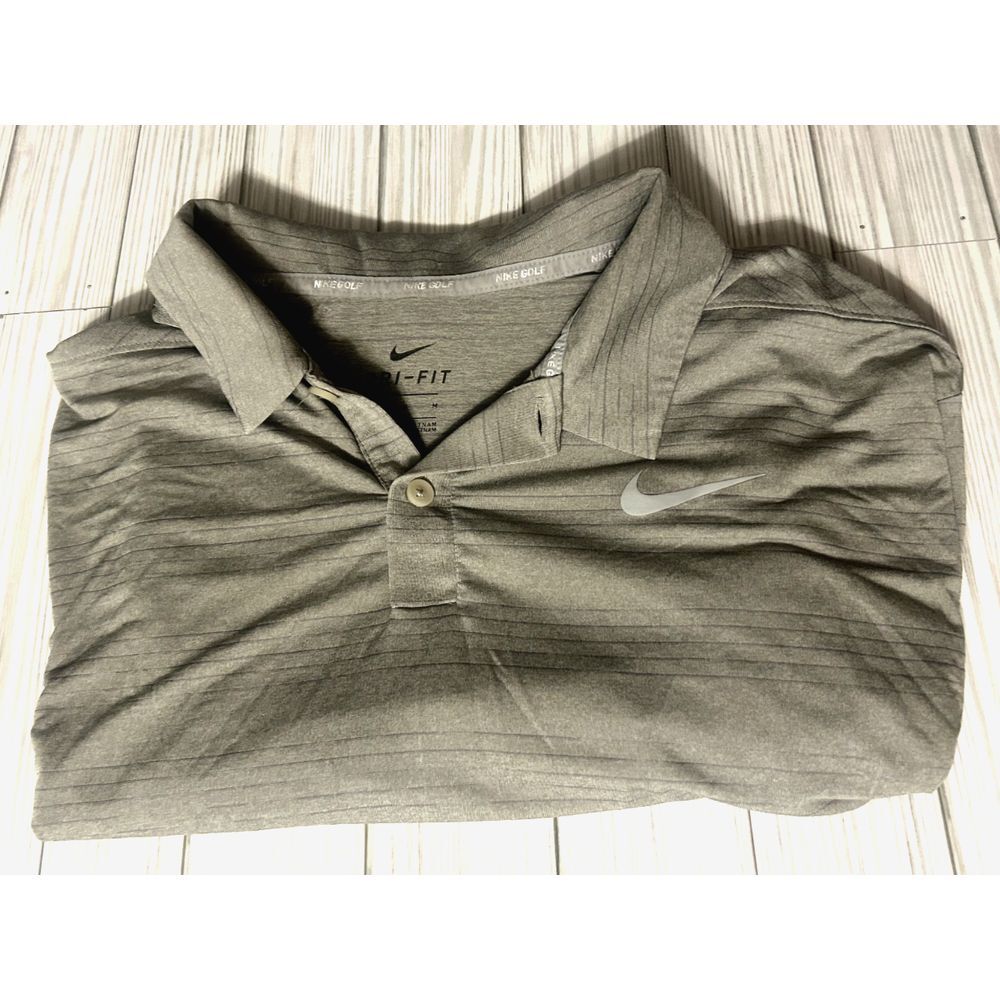 Nike Polo Shirt Men Medium Gray Black Stripe‎ Dri-Fit Victory Golf lightweight